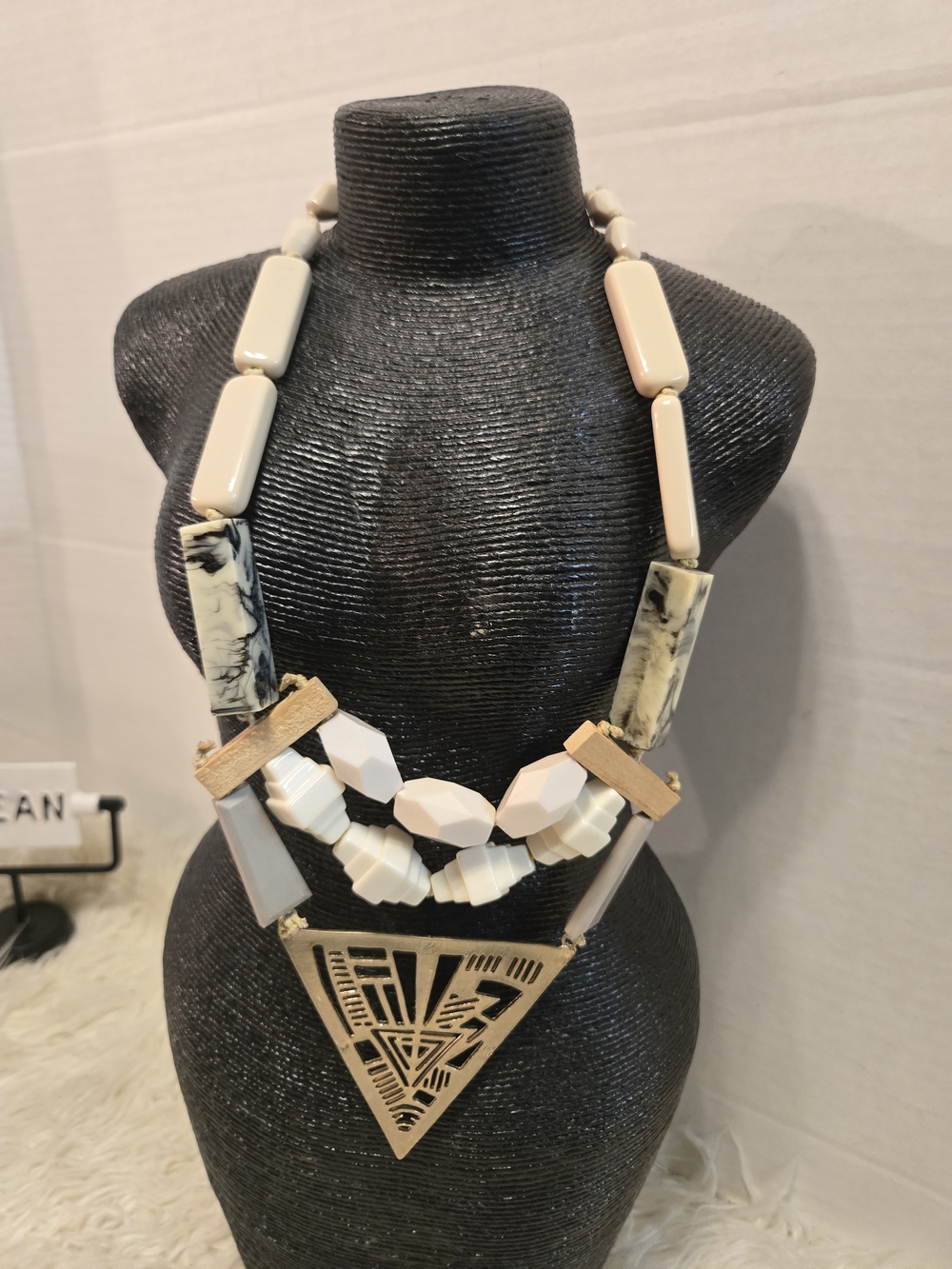 Statement White and Cream Geometric Pendant Necklace - Vintage 1980s